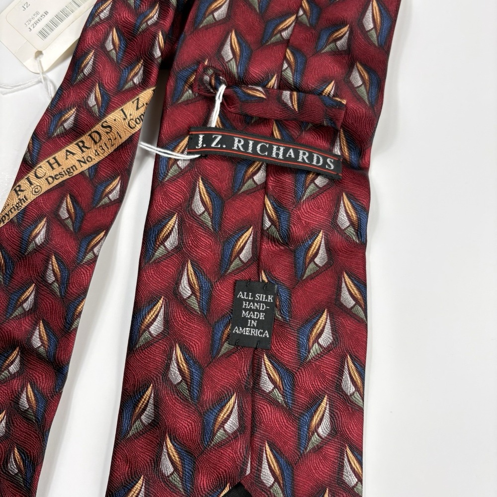 NWT Vintage J.Z. Richards Men's 100% Silk Tie Burgundy Geometric Made in USA - Picture 5 of 7